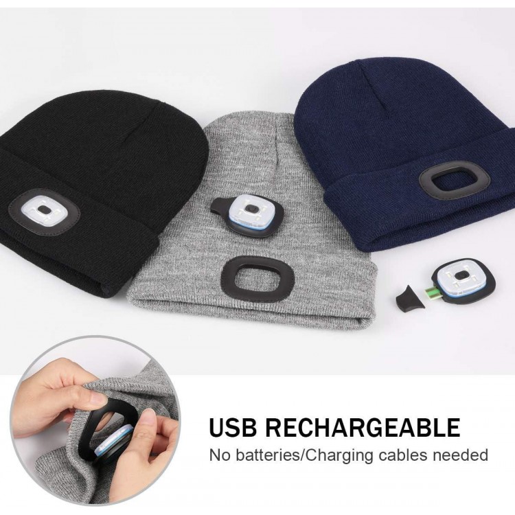 LED Beanie with Light,Unisex USB Rechargeable Hands Free 4 LED Headlamp Cap