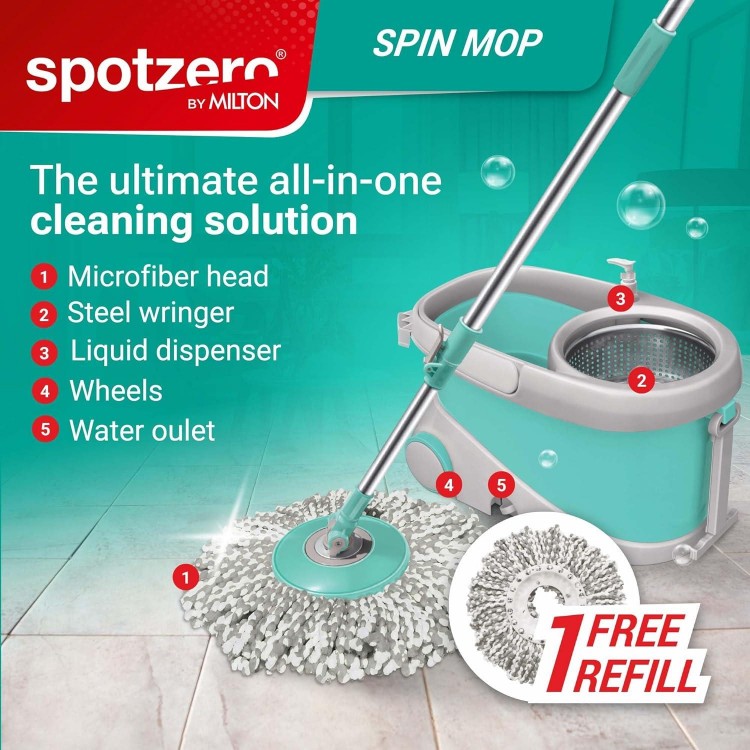 Spotzero by Milton Prime Spin Mop | Portable Mop Bucket with Wringer on Wheels