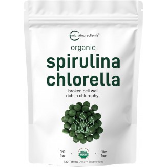 Organic Chlorella Spirulina Tablets, 50/50 Blend Superfood, No Filler