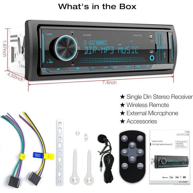 Single Din Stereo Marine Radio: Bluetooth Car Audio Receivers with Digital LCD Display | FM AM Car Radio