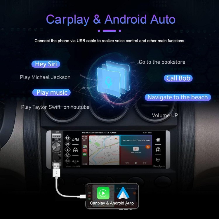 Single Din Car Stereo Compatible with Apple Carplay & Android Auto, METEESER 5.1 Inch Bluetooth Backup Camera