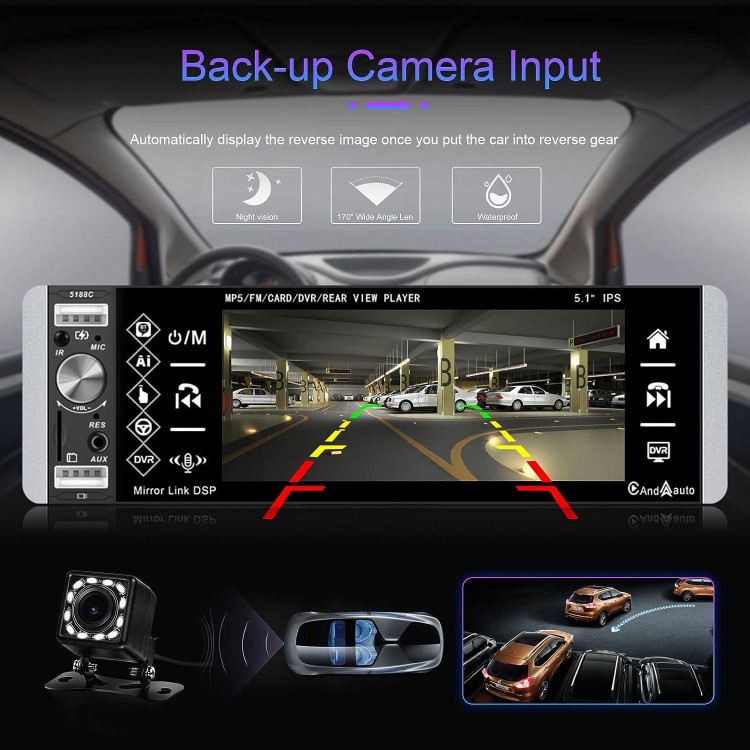 Single Din Car Stereo Compatible with Apple Carplay & Android Auto, METEESER 5.1 Inch Bluetooth Backup Camera