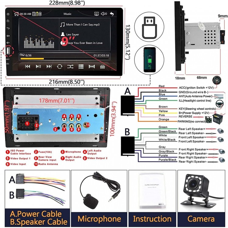 Single Din Car Stereo Apple Carplay Android Auto, Rimoody 9 Inch Touchscreen Radio with Bluetooth FM AM iOS