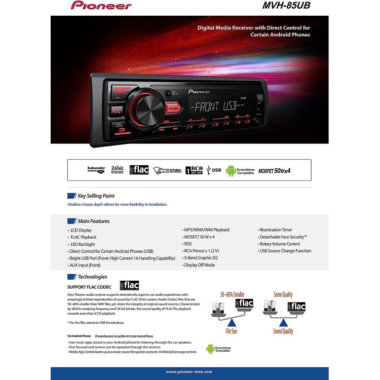 Pioneer MVH-85UB Digital Media Car Stereo Receiver , USB , Auxiliary , MP3 Playback , Mixtrax , Media App Control 