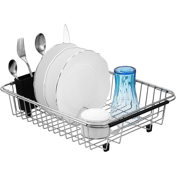 SANNO Expandable Dish Drying Rack Over with Utensil Silverware Storage Holder
