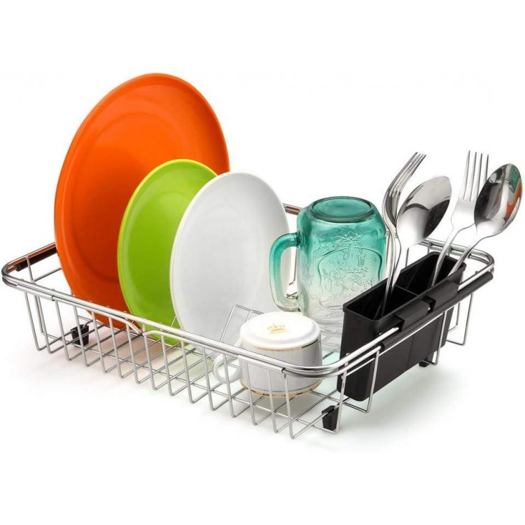 SANNO Expandable Dish Drying Rack Over with Utensil Silverware Storage Holder