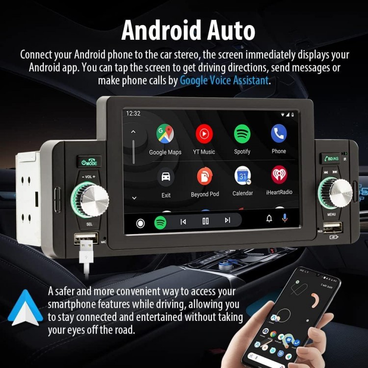 5 Inch Single Din Car Stereo Built-in Apple CarPlay/Android Auto/Mirror-Link, Touchscreen Radio Receiver