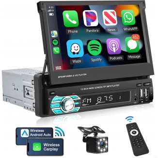 Podofo Wireles Carplay Single Din Car Stereo, 7 Inch Flip Out Touchscreen Car Radio