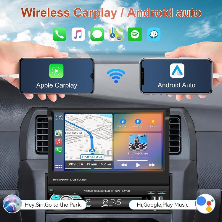 Podofo Wireles Carplay Single Din Car Stereo, 7 Inch Flip Out Touchscreen Car Radio