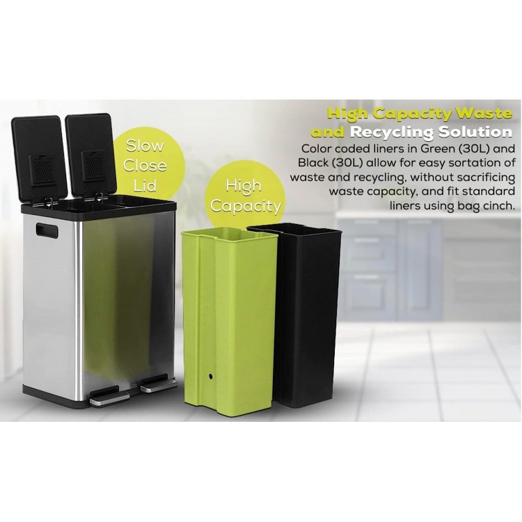 Rectangular Hands-Free Dual Compartment Recycling Kitchen Step Trash