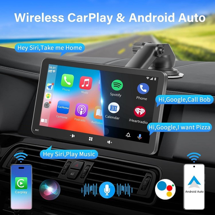 Portable Apple Carplay,Wireless Carplay and Android Auto，7'' Touch Screen Car Stereo,Car Radio