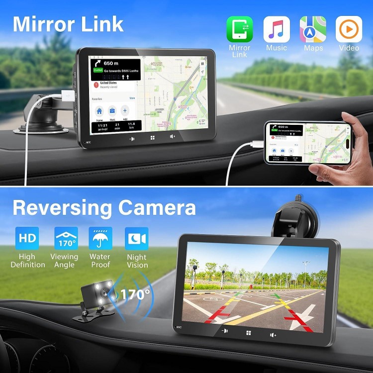 Newest Wireless Apple Carplay & Android Auto, Portable Apple CarPlay, 7'' Touch Screen Car Stereo 