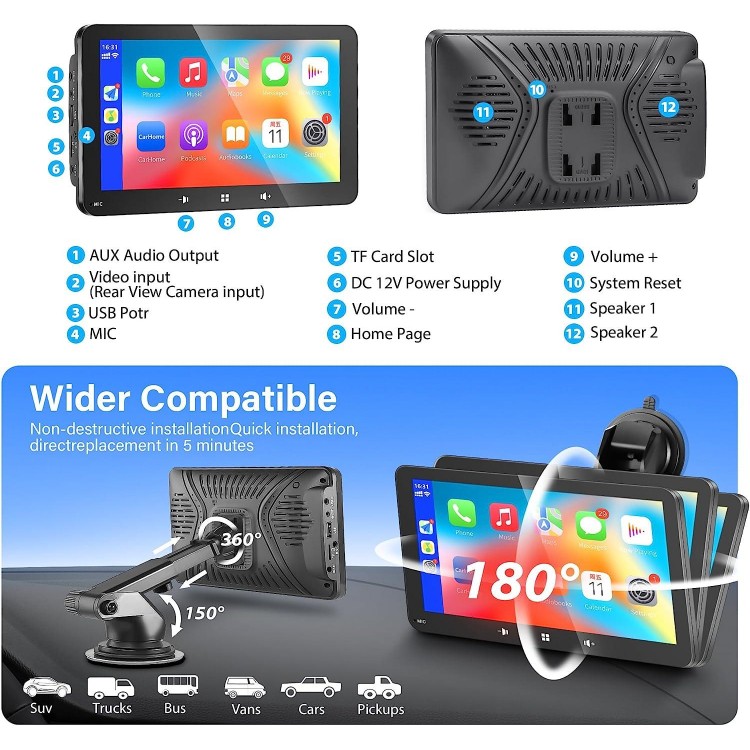 Newest Wireless Apple Carplay & Android Auto, Portable Apple CarPlay, 7'' Touch Screen Car Stereo 
