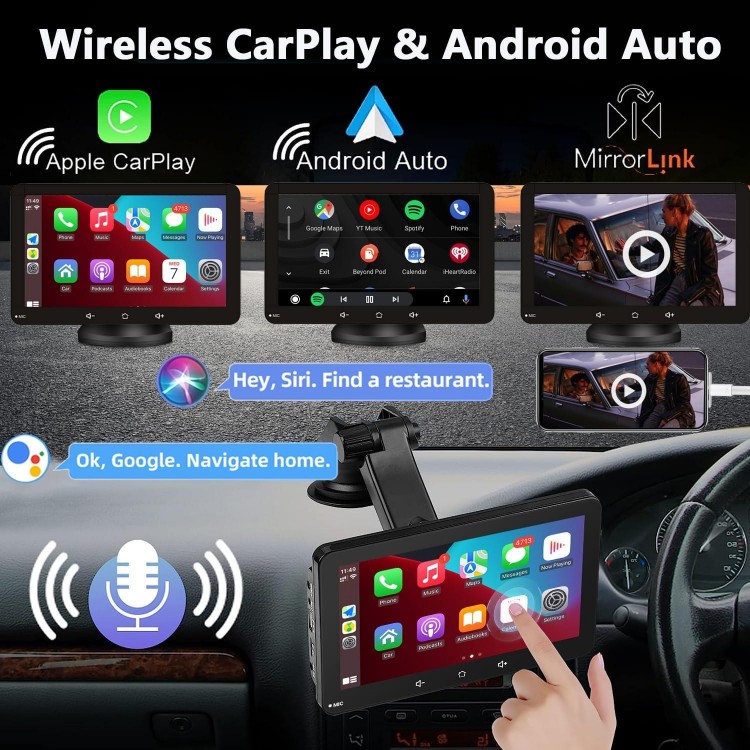 Portable Car Stereo Wireless Apple Carplay Wireless Android Auto, 7Inch IPS Touchscreen Car Audio Receivers Car Radio