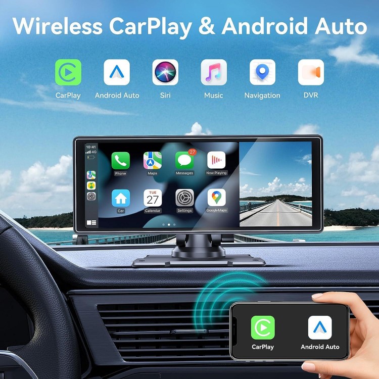 LoLoCar 10.3 Portable Carplay Screen with Adjustable 4K Front/1080P Rear Camera, Wireless Android Auto