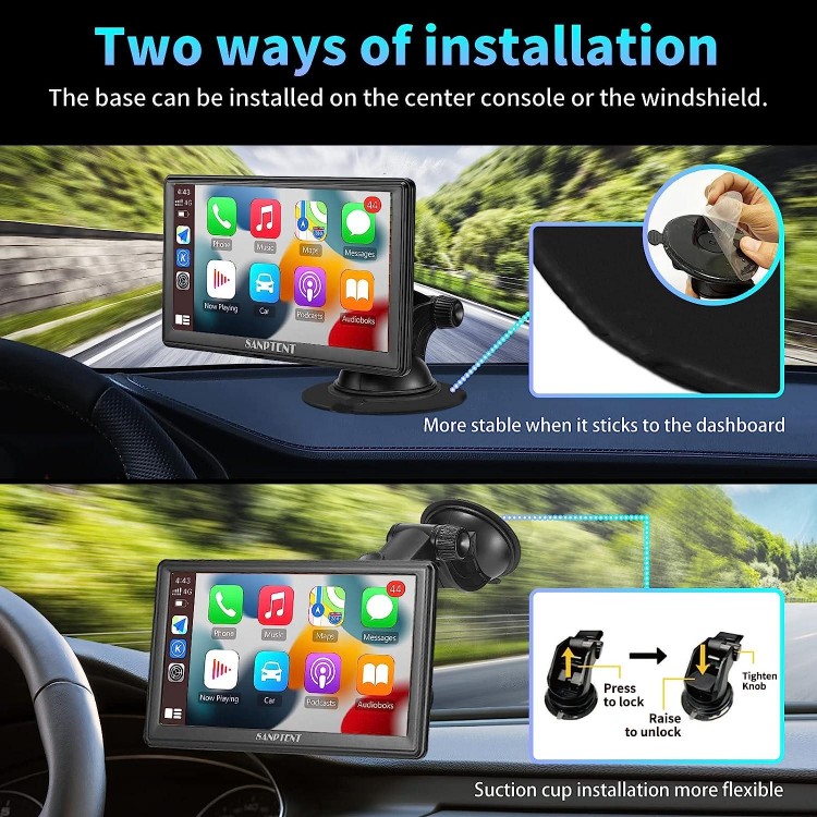 SANPTENT Wireless Apple CarPlay Dash Mount, Portable Car Stereo