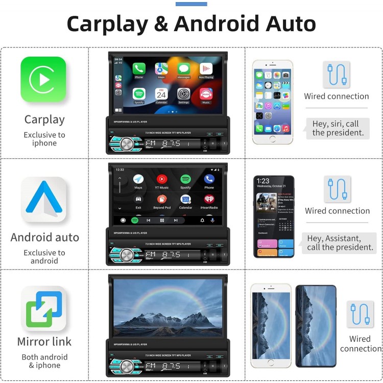 Podofo Single Din Apple Carplay Car Stereo with Android Auto,7‘’ Foldable HD Touchscreen Bluetooth Radio