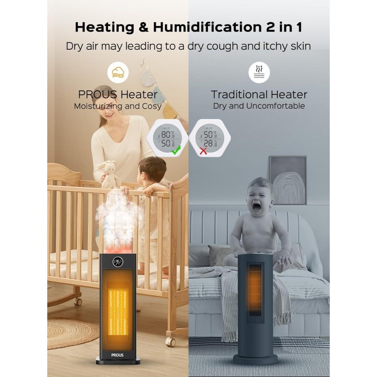 PROUS Space Heater for Indoor Use, 70°Oscillation, 4 Modes, Fast Safety Heat