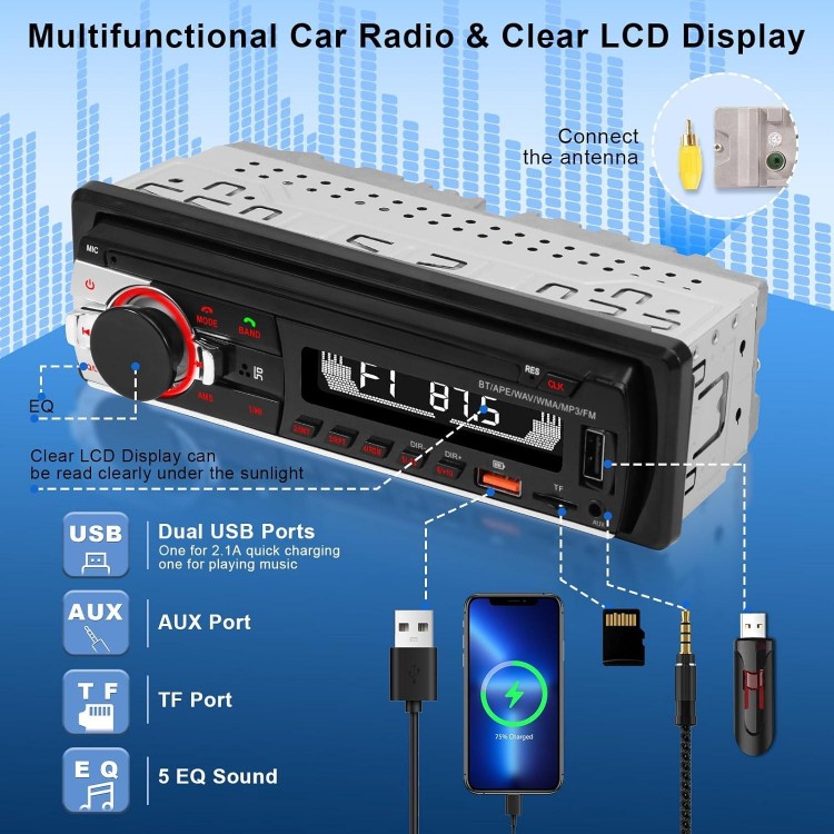 Single Din Car Stereo Bluetooth Car Radio, Car Audio with Handsfree and App Control