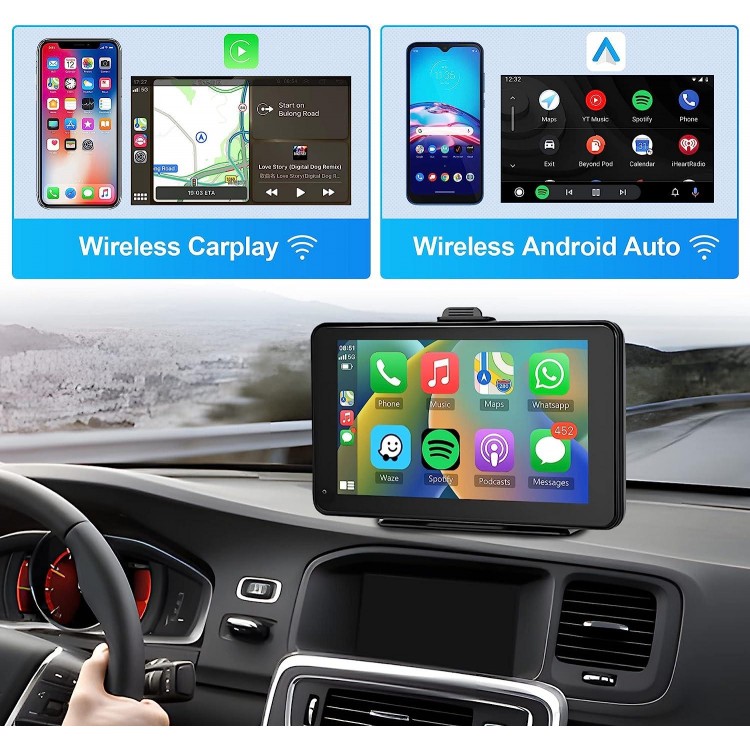 Podofo Wireless Apple Car Play Portable Car Screen, 7'' HD IPS Touchscreen Car Radio Receiver