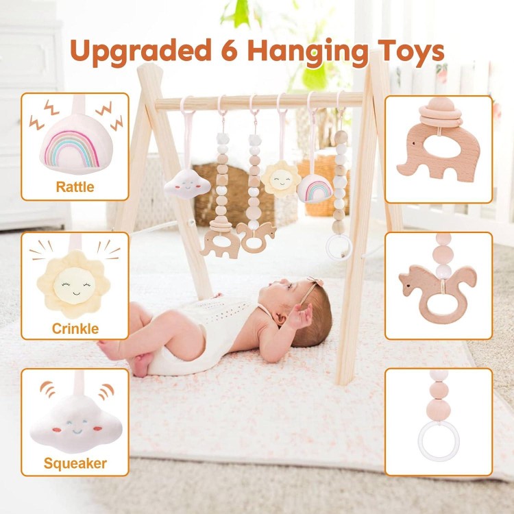 Wooden Baby Gym, Foldable Baby Play Gym Frame Activity Gym