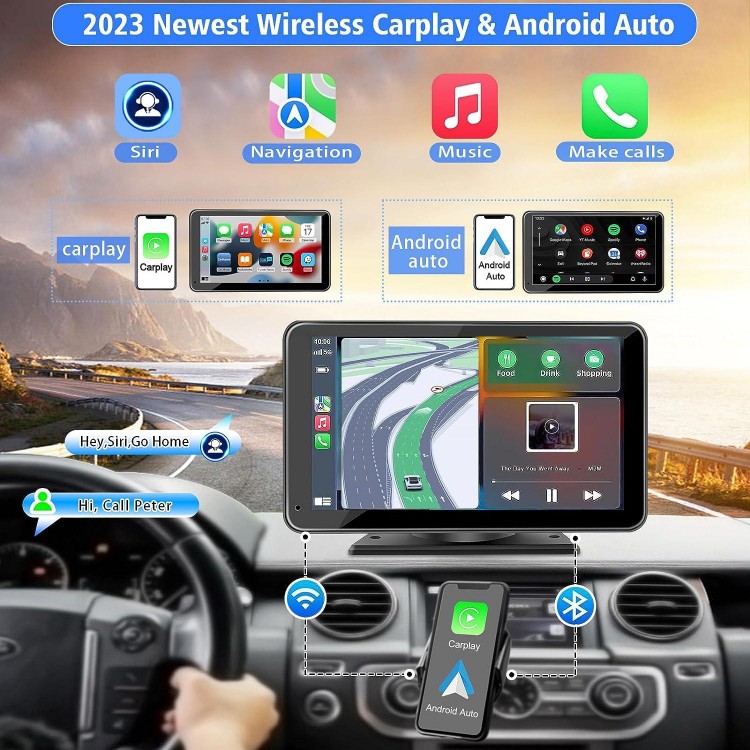 PASLDA Portable Newest Wireless Apple CarPlay and Android Auto Screen for Car, 7 HD Touch Screen Car Stereo
