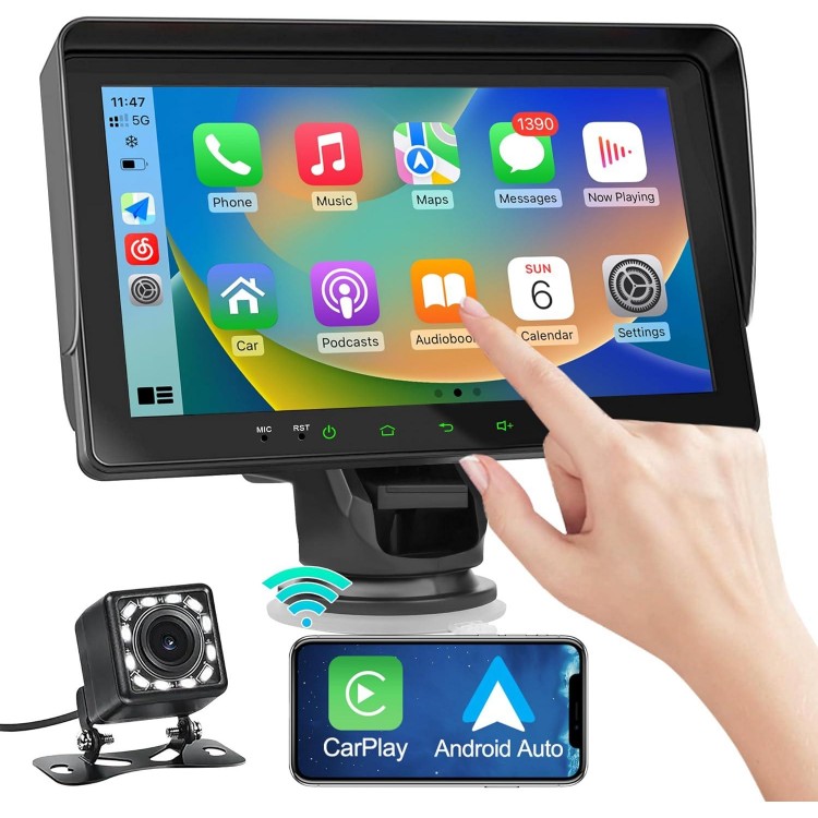 EZHOLF Portable Wireless Carplay Car Stereo with Backup Camera-7 HD IPS Screen, Android Auto