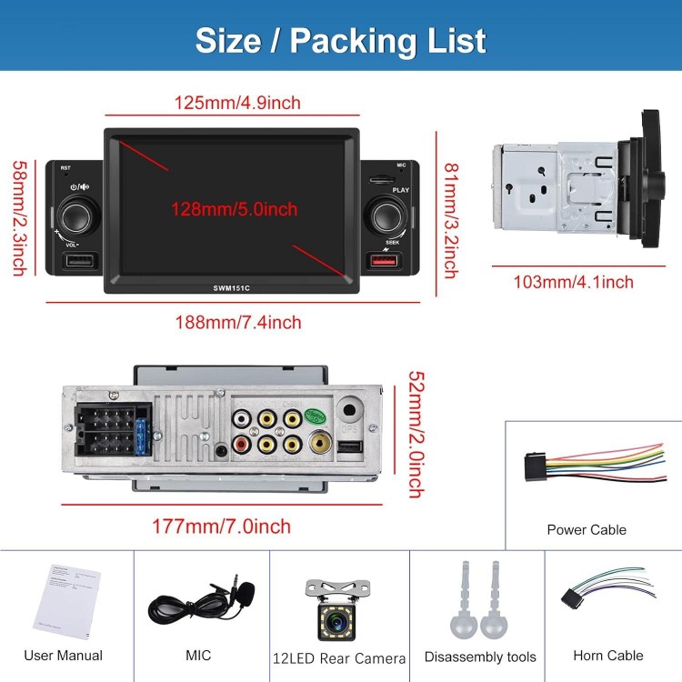 Single Din Car Stereo with Apple Carplay Android Auto, 5 Inch Touchscreen Car Radio 