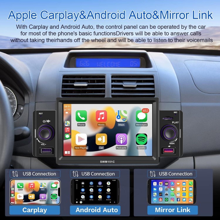Podofo Single Din Car Stereo with Apple Carplay Android Auto, 5 Inch HD IPS Touch Screen Bluetooth