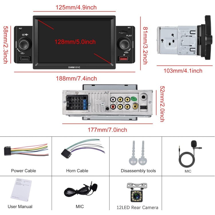 Podofo Single Din Car Stereo with Apple Carplay Android Auto, 5 Inch HD IPS Touch Screen Bluetooth