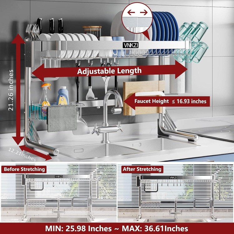 VNKZI Over Sink Dish Drying Rack，Multifunctional Expandable Counter