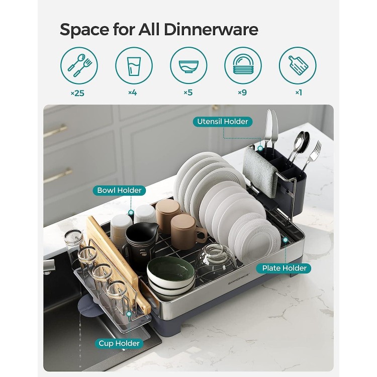 SONGMICS Dish Drying Rack, Stainless Steel Dish Rack with Rotatable Spout