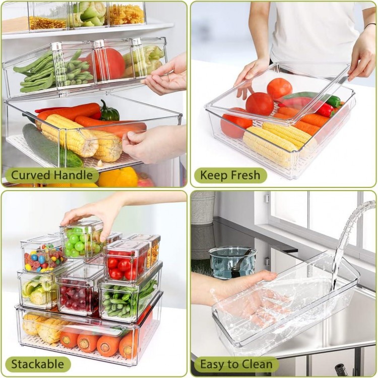 10 Pack Refrigerator Pantry Organizer Bins, Stackable Fridge with Lids