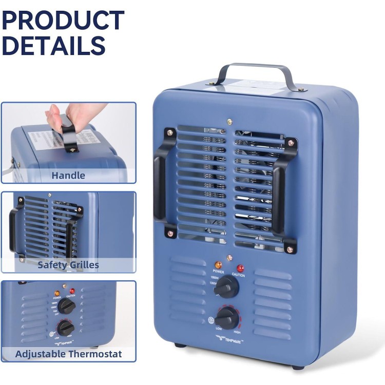 TEMPWARE Milkhouse Space Heater, 1300W/1500W Heater with Thermostat