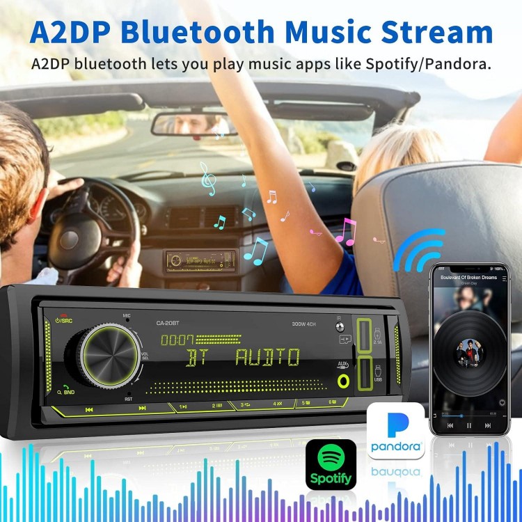 Single Din Car Stereo Receiver: Bluetooth Car Radio System - Marine Audio with LCD Display | FM AM