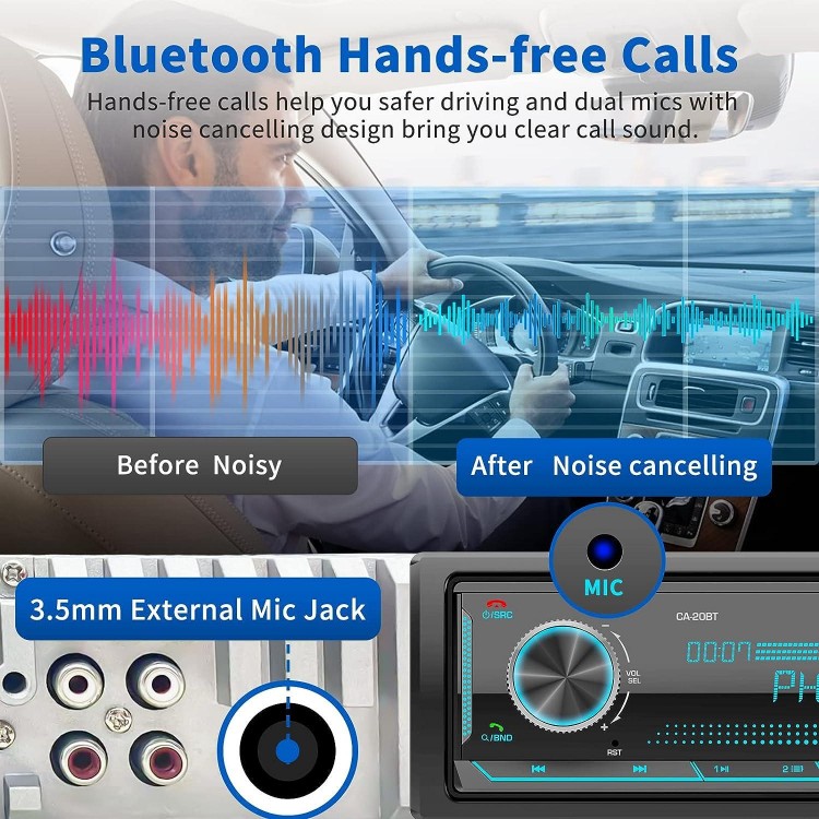 Single Din Car Stereo Receiver: Bluetooth Car Radio System - Marine Audio with LCD Display | FM AM