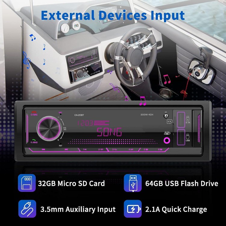 Single Din Car Stereo Receiver: Bluetooth Car Radio System - Marine Audio with LCD Display | FM AM