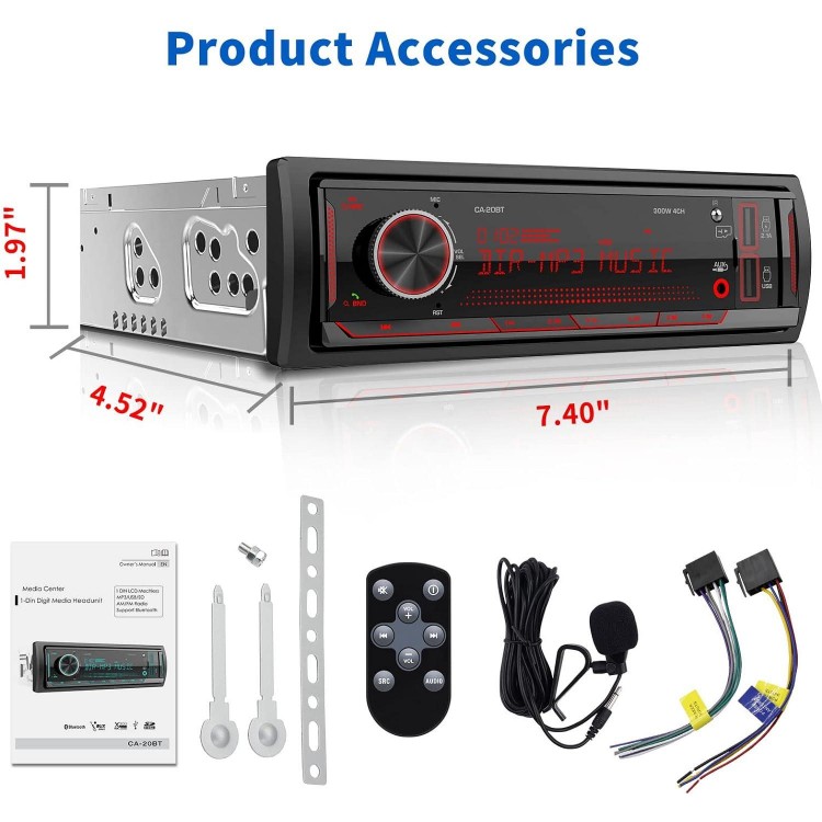 Single Din Car Stereo Receiver: Bluetooth Car Radio System - Marine Audio with LCD Display | FM AM