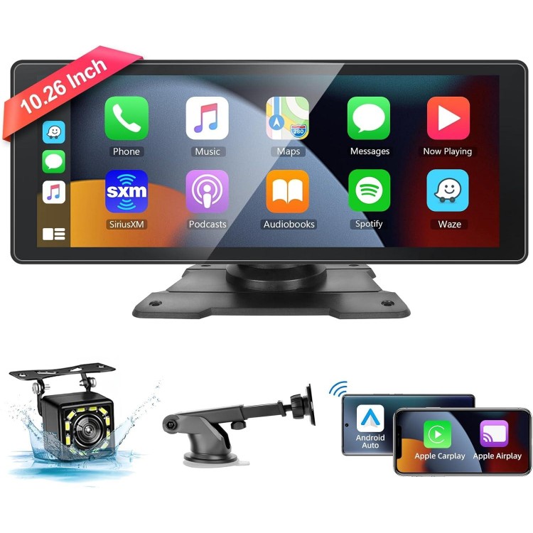 Podofo 10.26'' Portable Carplay Screen with HD Rear Backup Camera,Wireless Android Auto,Touch Screen