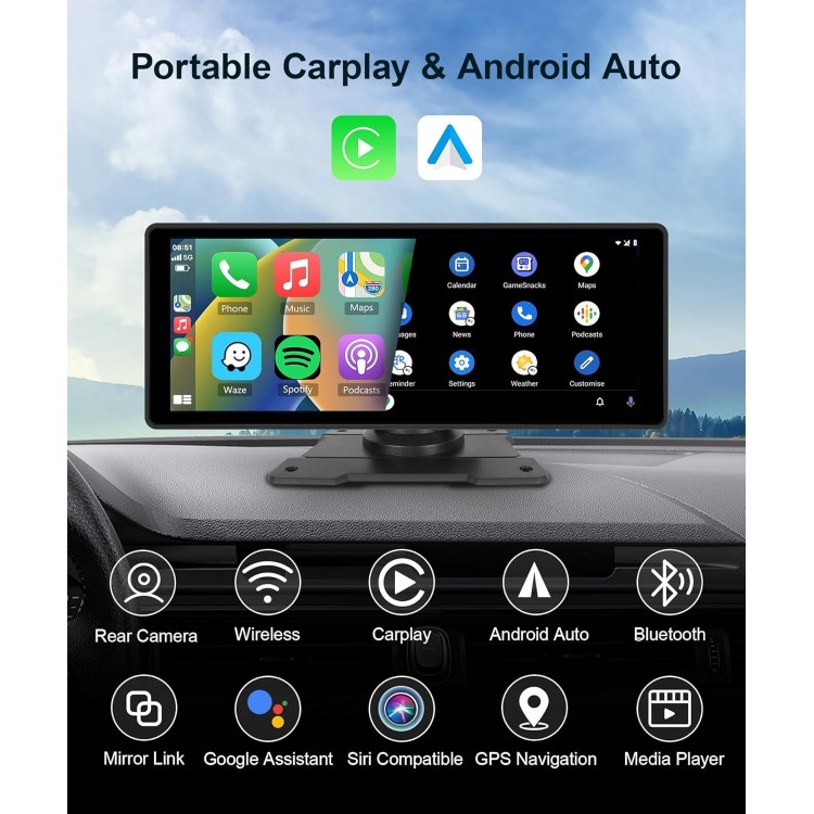 Podofo 10.26'' Portable Carplay Screen with HD Rear Backup Camera,Wireless Android Auto,Touch Screen