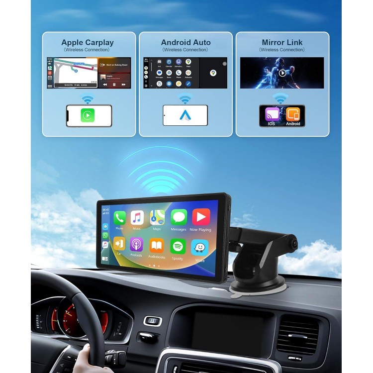 Podofo 10.26'' Portable Carplay Screen with HD Rear Backup Camera,Wireless Android Auto,Touch Screen