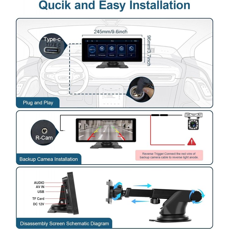 Podofo 10.26'' Portable Carplay Screen with HD Rear Backup Camera,Wireless Android Auto,Touch Screen