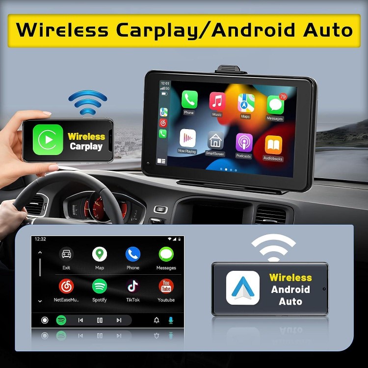 Portable Apple Carplay Screen Wireless Apple Car Play Android Auto, 7 Inch Touchscreen Wireless Carplay Screen