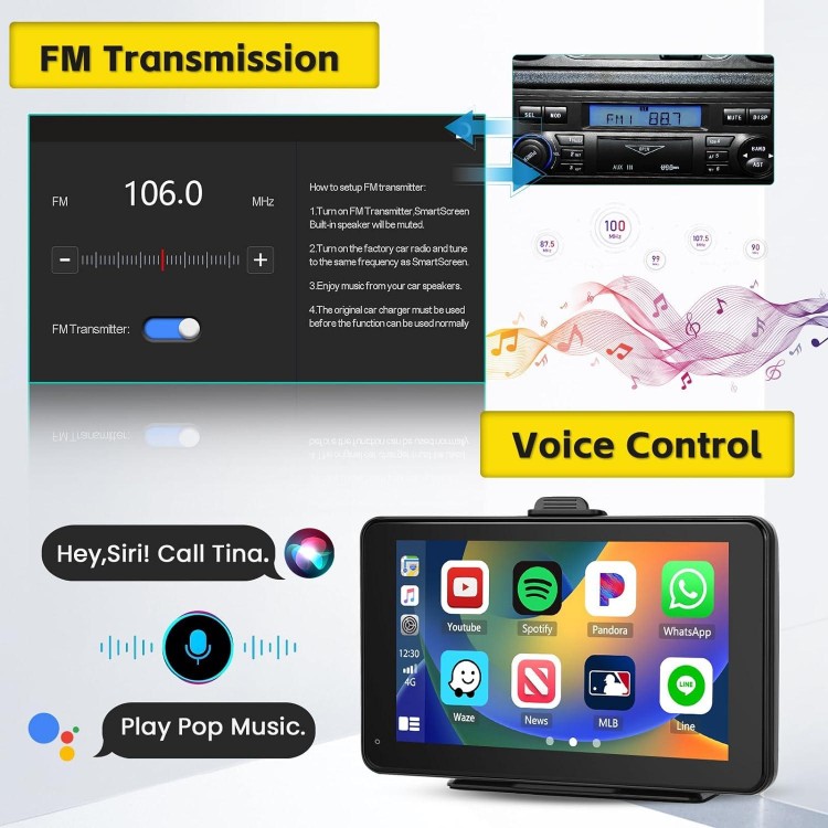 Portable Apple Carplay Screen Wireless Apple Car Play Android Auto, 7 Inch Touchscreen Wireless Carplay Screen