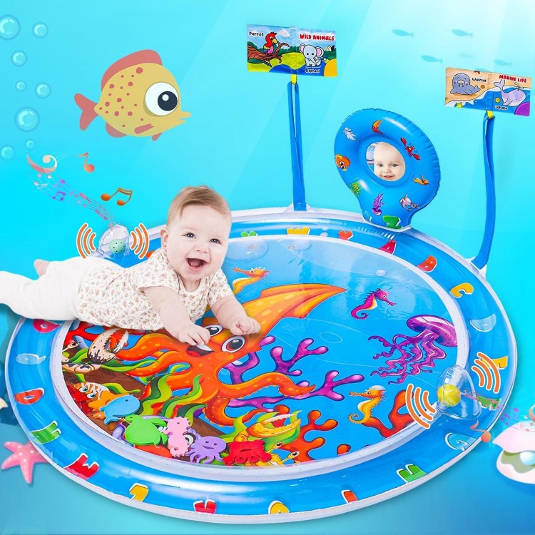 SHIDEER  Tummy Time Water Mat For Babies, 5 In 1 Water Play Mat With Mirror, Teether Soft And Rattles