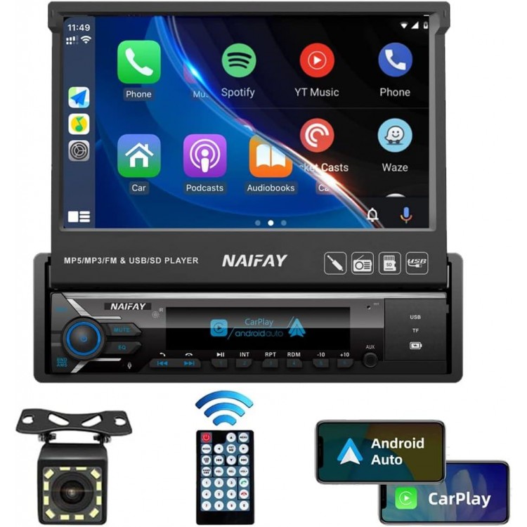 Single Din Touchscreen Car Stereo with Apple Carplay & Android Auto, 7INCH Flip Out Screen Car Stereo