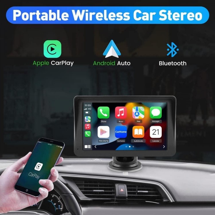 Portable Car Stereo Wireless Apple Carplay Android Auto, 7 Inch Touchscreen Car Radio Multimedia Player Support Bluetooth