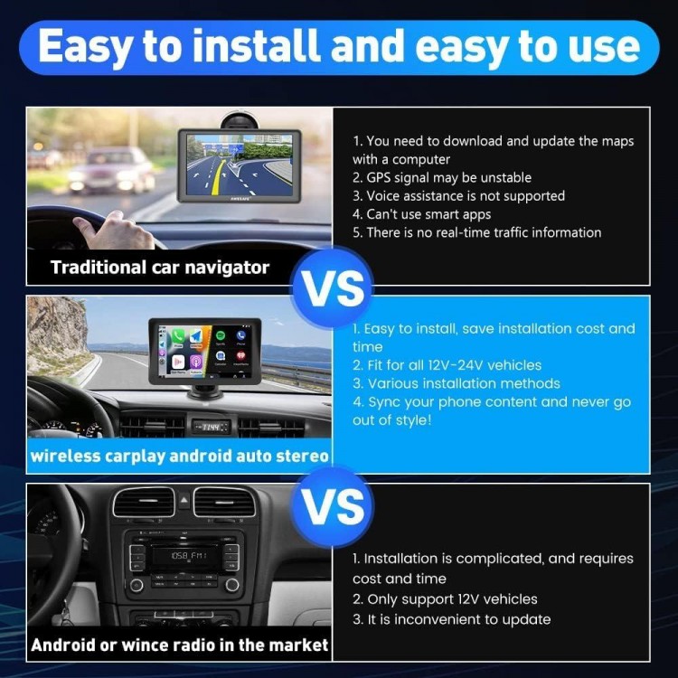 Portable Car Stereo Wireless Apple Carplay Android Auto, 7 Inch Touchscreen Car Radio Multimedia Player Support Bluetooth