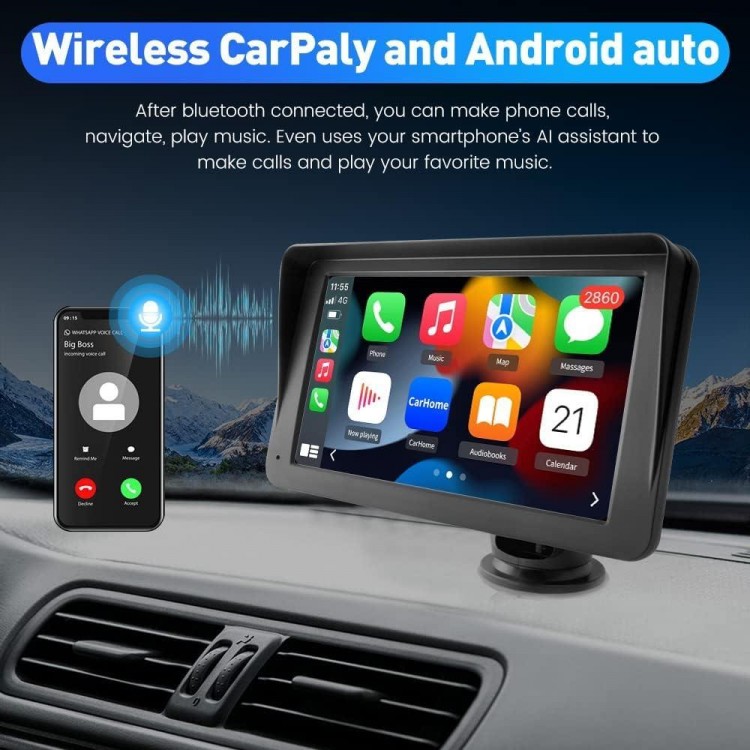 Portable Car Stereo Wireless Apple Carplay Android Auto, 7 Inch Touchscreen Car Radio Multimedia Player Support Bluetooth