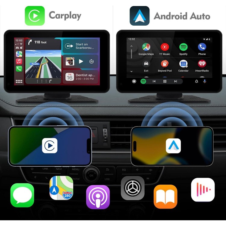 Portable Wireless Carplay & Android Auto Car Stereo, 7 Inch Full HD Car Touch Screen Portable Car Radio Receiver